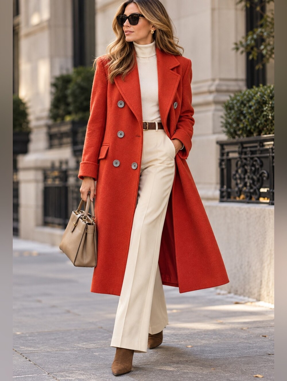 Max Mara 100% Virgin Wool Double-Breasted Long Coat Orange Size 6 Italy